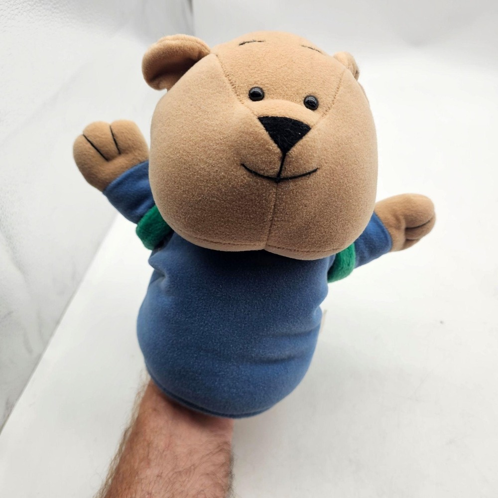 Bear Hand Puppet Plush Stuffed Animal Toy Small Brown Blue Backpack Soft Cute